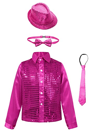 CHICTRY Pailletten Hemd Kinder Jungen Langarm Reverskragen Disco Hemd Glitzer Button Down Shirt Mit/Ohne Hut Jazz Modern Performance Tanzkleidung C_Hot Pink 122-128 von CHICTRY