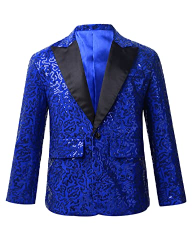 CHICTRY Pailletten Sakko Kinder Glitzer Jacke Jungen Langarm Anzugjacke Party Reverskragen Blazer Anzug Jacket Mit Ein Knopf Festlich Blau 158-164 von CHICTRY