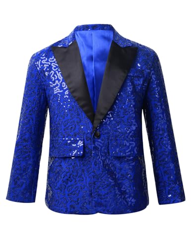 CHICTRY Pailletten Sakko Kinder Junge Jacke Slim Fit Glitzer Anzugjacke Party Revers Blazer Anzug Jacket Mit EIN Knopf Festlich Blau 134-140 von CHICTRY