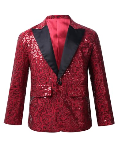 CHICTRY Pailletten Sakko Kinder Junge Jacke Slim Fit Glitzer Anzugjacke Party Revers Blazer Anzug Jacket Mit EIN Knopf Festlich Burgundy 134-140 von CHICTRY