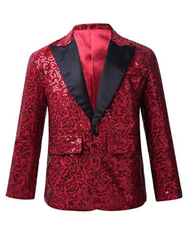 CHICTRY Pailletten Sakko Kinder Junge Jacke Slim Fit Glitzer Anzugjacke Party Revers Blazer Anzug Jacket Mit EIN Knopf Festlich Burgundy 146-152 von CHICTRY