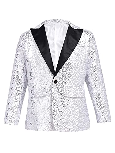 CHICTRY Pailletten Sakko Kinder Junge Jacke Slim Fit Glitzer Anzugjacke Party Revers Blazer Anzug Jacket Mit EIN Knopf Festlich Silber 146-152 von CHICTRY