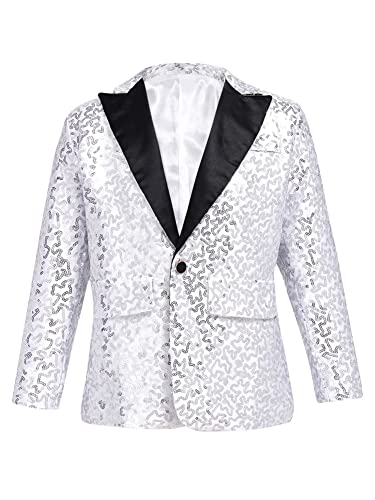 CHICTRY Pailletten Sakko Kinder Junge Jacke Slim Fit Glitzer Anzugjacke Party Revers Blazer Anzug Jacket Mit EIN Knopf Festlich Silber 170-176 von CHICTRY