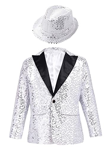 CHICTRY Pailletten Sakko Kinder Junge Jacke Slim Fit Glitzer Anzugjacke Party Revers Blazer Anzug Jacket Mit EIN Knopf Festlich Y_Silber 134-140 von CHICTRY