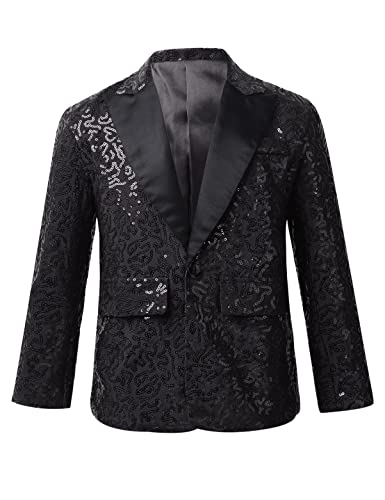 CHICTRY Pailletten Sakko Kinder Glitzer Jacke Jungen Langarm Anzugjacke Party Reverskragen Blazer Anzug Jacket Mit Ein Knopf Festlich Schwarz 122-128 von CHICTRY
