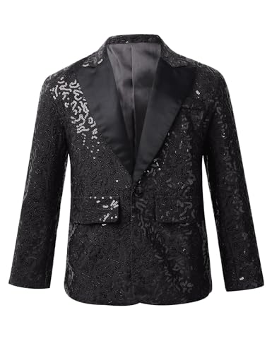 CHICTRY Pailletten Sakko Kinder Junge Jacke Slim Fit Glitzer Anzugjacke Party Revers Blazer Anzug Jacket Mit EIN Knopf Festlich Schwarz 146-152 von CHICTRY