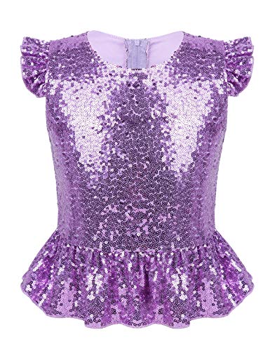 CHICTRY Pailletten Shirt Kinder Mädchen Flatterärmel Bluse Rüschen Volants Top Glänzend Party Disco Oberteil Fasching Karneval Performance Bekleidung Lavendel 146-152 von CHICTRY