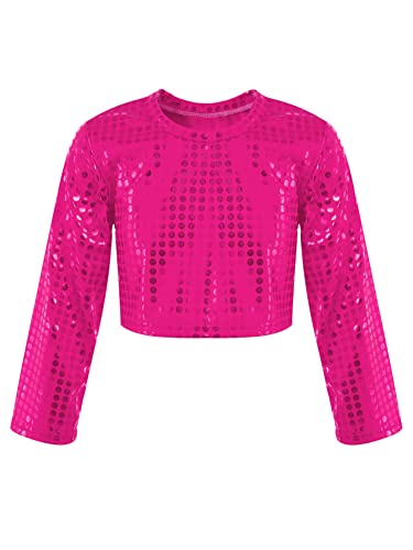 CHICTRY Pailletten Shirt Kinder Mädchen Langarm/Kurzarm Glitzer Oberteil Kurz Tanz Top Bauchfrei T-Shirt Fasching Karneval Bekleidung A_Hot Pink 122-128 von CHICTRY