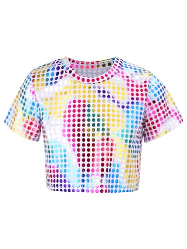 CHICTRY Pailletten Shirt Kinder Mädchen Langarm/Kurzarm Glitzer Oberteil Kurz Tanz Top Bauchfrei T-Shirt Fasching Karneval Bekleidung B_Colorful 134-140 von CHICTRY