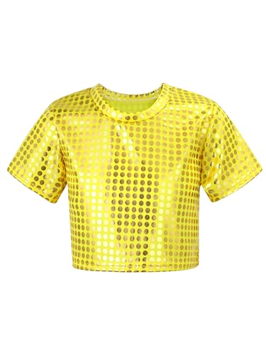 CHICTRY Pailletten Shirt Kinder Mädchen Langarm/Kurzarm Glitzer Oberteil Kurz Tanz Top Bauchfrei T-Shirt Fasching Karneval Bekleidung B_Gold 134-140 von CHICTRY