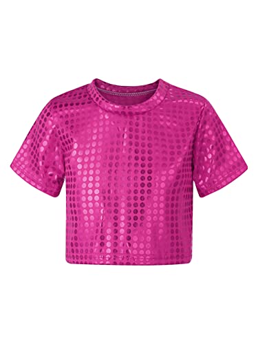 CHICTRY Pailletten Shirt Kinder Mädchen Langarm/Kurzarm Glitzer Oberteil Kurz Tanz Top Bauchfrei T-Shirt Fasching Karneval Bekleidung B_Hot Pink 116-122 von CHICTRY