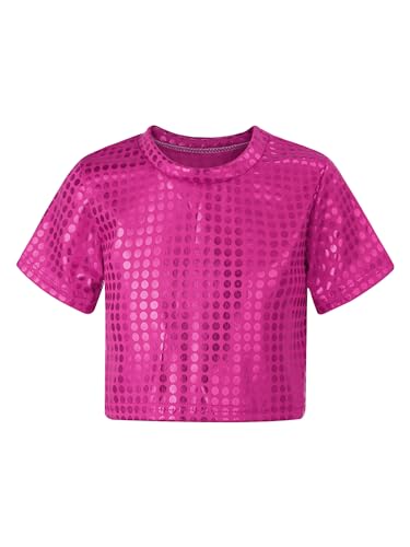 CHICTRY Pailletten Shirt Kinder Mädchen Langarm/Kurzarm Glitzer Oberteil Kurz Tanz Top Bauchfrei T-Shirt Fasching Karneval Bekleidung B_Hot Pink 158-164 von CHICTRY