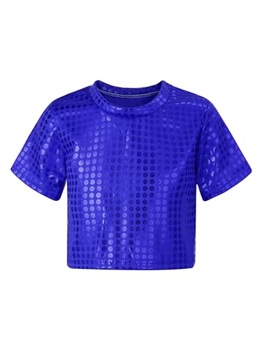 CHICTRY Pailletten Shirt Kinder Mädchen Langarm/Kurzarm Glitzer Oberteil Kurz Tanz Top Bauchfrei T-Shirt Fasching Karneval Bekleidung B_Royal Blau 158-164 von CHICTRY