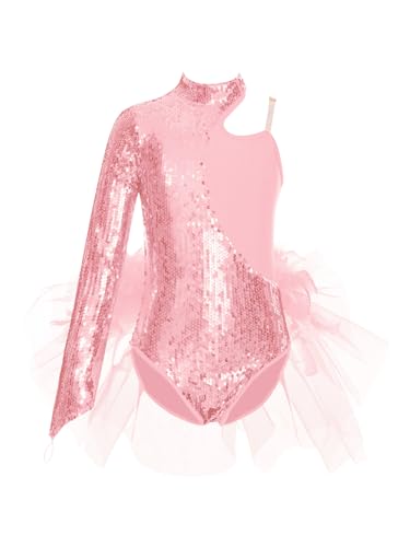 CHICTRY Ballettkleid Mädchen Glitzer Kinder Pailletten Eislaufkleid EIN Schulter Tanzbody Stehkragen Turntrikot Mit Rüschen Tutu Tüllrock Tanzoutfits Rosa 122-128 von CHICTRY