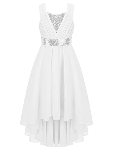 CHICTRY Paillettenkleid Kinder Mädchen Festliches Partykleid Ärmellos Blumenmädchenkleid Chiffon Abendkleid Ballkleid Vorne Kurz Hinten Lang Silber C 110-116 von CHICTRY