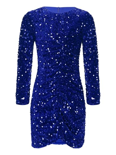 CHICTRY Paillettenkleid Kinder Mädchen Langarm Glitzer Partykleid Kurz Gerafftes Abendkleid Mit Reißverschluss Party Disco Kostüm Königsblau 122-128 von CHICTRY