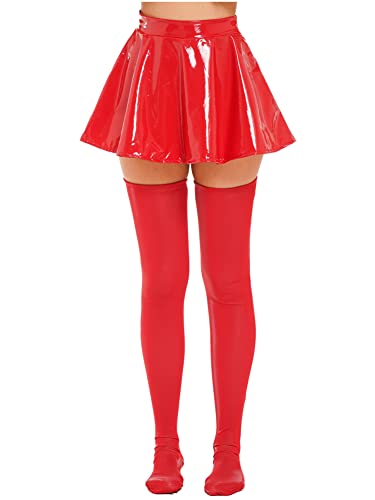 CHICTRY Rave Outfit Damen Leder Wetlook Rock Faltenrock Mini Kurz Mit Reißeverschluss Glänzend Overknee Strümpfe Kniestrümpfe DJ Disco Nachtclub Kostüm Rot L von CHICTRY