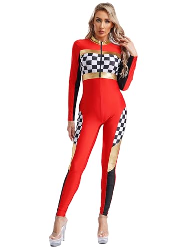 CHICTRY Rennfahrer Kostüm Damen Kariert Overall Langarm Metallic Patchwork Jumpsuit Stehkragen Sportbody Gymnastik Trikot Ganzkörperanzug Rot 3XL von CHICTRY