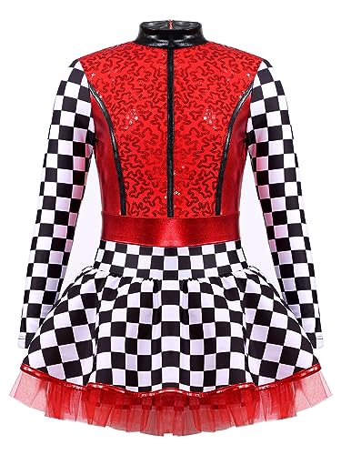 CHICTRY Rennfahrer Kostüm Kinder Mädchen Tutu Kleid Langarm Pailletten Glitzer Ballettkleid Kariert Patchwork Tanzkleid Mit Tüllrock Dancewear Rot 122-128 von CHICTRY