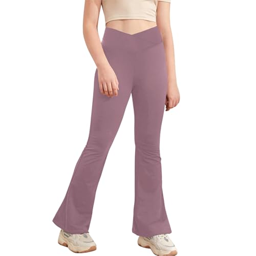 CHICTRY Schlaghose Kinder Mädchen High Waist Leggings Stretch Ausgestellte Hose Weites Bein V-förmige Taille Sporthose Lang Slim Fit Violett 134-140 von CHICTRY