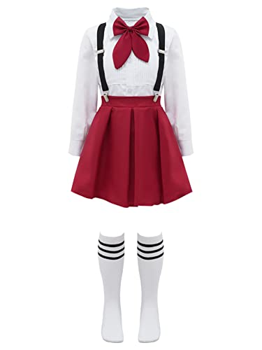 CHICTRY Schulmädchen Uniform Kinder Mädchen Japan Anime Kostüm Langarm Tunika Bluse Mit Faltenrock Fliege Hosenträger Und Strümpfe Cosplay Verkleidung Typ A Burgundy 146-152 von CHICTRY