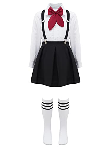 CHICTRY Schulmädchen Uniform Kinder Mädchen Japan Anime Kostüm Langarm Tunika Bluse Mit Faltenrock Fliege Hosenträger Und Strümpfe Cosplay Verkleidung Typ A Schwarz 134-140 von CHICTRY