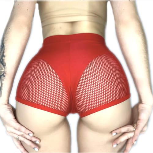 CHICTRY Shorts Damen Gym Yoga Fitness Kurze Hose Leggings Sexy Transparent Einfarbig Skinny Sportleggins Sporthose Yogahose Hotpants Laufshorts Sweatshorts Rot E XS von CHICTRY