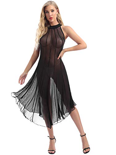 CHICTRY Spitze Mesh Morgenmantel Lang Negligee Damen Kleid Nachtkleid Reizwäsche Nachtwäsche Dessous Set für Frauen mit G-String Gr. M-3XL Schwarz E 4XL von CHICTRY