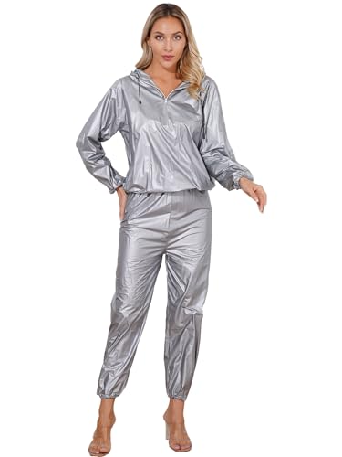 CHICTRY Sport Schwitzanzug Damen PVC Saunaanzug Waist Trainer Thermoanzug Body Shaper Sportanzug Zweiteiler Trainingsanzug Für Fitnessstudio Workout Silber B L von CHICTRY