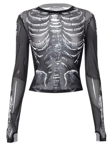 CHICTRY T Shirt Damen Langarm Transparent Tüll Mesh Bluse Skelett Print Oberteil Punk Gothic Top Eng Stretch Unterhemd Mit Daumenloch Schwarz S CHICTRY T Shirt Damen Langarm Transparent Tüll Mesh Bluse Skelett Print Oberteil Punk Gothic Top Eng Stretch Unterhemd Mit Daumenloch Schwarz S von CHICTRY