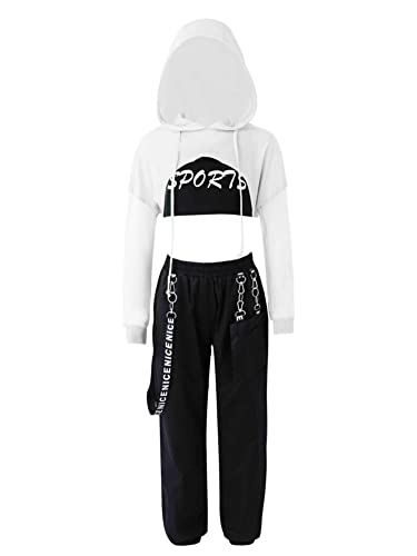 CHICTRY Hip Hop Sport Tanz Outfit Mädchen Jazz Dance Kleidung Kinder Langarm Bauchfrei Hoodi + Sport BH + Metallkette Cargohose 3tlg Sportbekleidung B_Weiß 164 von CHICTRY