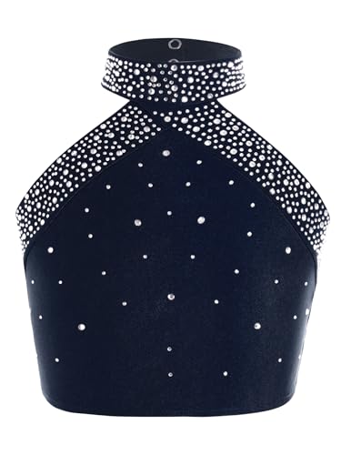 CHICTRY Tanz Top Mädchen Glitzer Kinder Ballett Gymnastik Shirt Mit Strass Neckholder Oberteil Cut Out Unterhemd Bauchfrei Tanzkostüm Navy blau 134-140 von CHICTRY