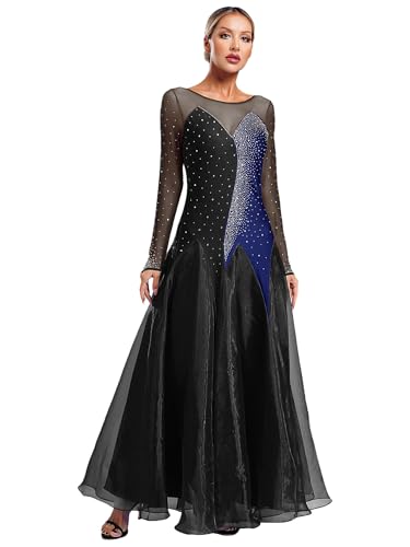 CHICTRY Tanzkleid Contemporary Damen Langarm Ballettkleid Strass Glitzer Ballsaal Kleid Lang Modern Dance Standard Tanzkostüm Schwarz M von CHICTRY
