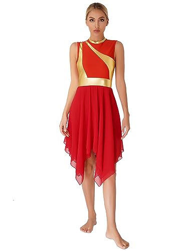 CHICTRY Tanzkleid Damen Latein Standard ärmellos Ballettkleid Metallic Patchwork Eislaufkleid Ballett Body Mit Unregelmäßig Rock Trikotkleider Tanzkostüm Rot L von CHICTRY