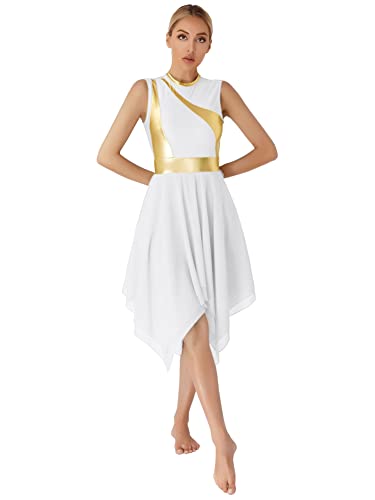CHICTRY Tanzkleid Damen Latein Standard ärmellos Ballettkleid Metallic Patchwork Eislaufkleid Ballett Body Mit Unregelmäßig Rock Trikotkleider Tanzkostüm Weiß XXL von CHICTRY