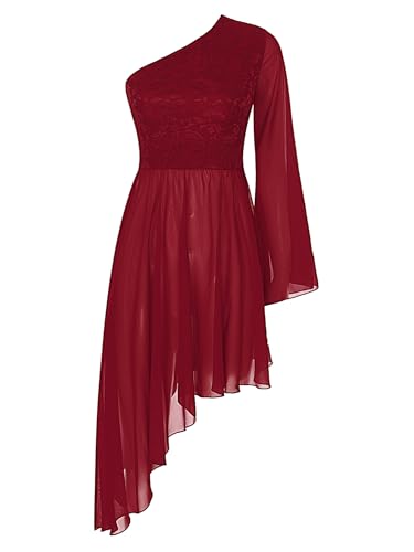 CHICTRY Tanzkleid Damen Lyrisch EIN Ausgestllte Ärmel Ballettkleid Blumenspitze Patchwork Modern Dance Kleid Mit Asymetrisch Saum Rock Tanzkostüm Burgundy L von CHICTRY