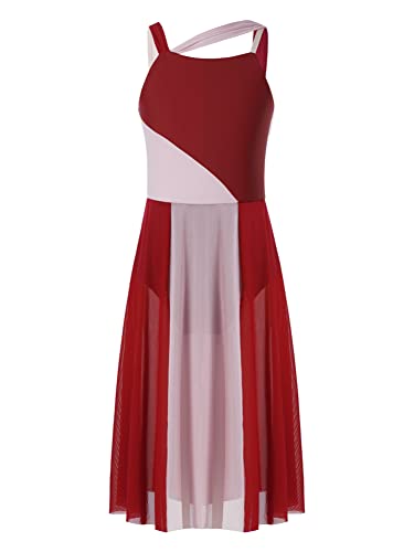 CHICTRY Tanzkleid Lyrisch Kinder Mädchen Ärmellos Ballettkleid Mesh Patchwork Tanzbody Träger Ballett Trikot Mit Schlitz Rock Chiffon Tanzrock Rot 134-140 von CHICTRY