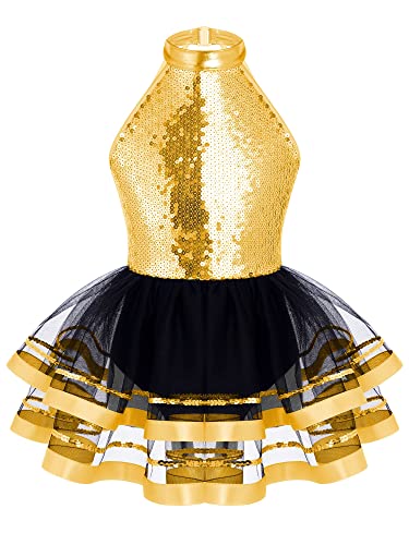 CHICTRY Tanzkleid Mädchen Pailletten Glitzer Ballettanzug Mit Tüllrock Tutu Kinder Neckholder Eislaufkleid Cut Out Rollschuhkleid Wettbwerb Tanzkostüm Gold 110-116 von CHICTRY