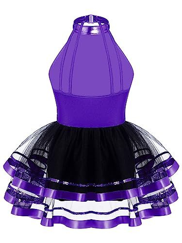 CHICTRY Tanzkleid Mädchen Pailletten Glitzer Ballettanzug Mit Tüllrock Tutu Kinder Neckholder Eislaufkleid Cut Out Rollschuhkleid Wettbwerb Tanzkostüm Violett 110-116 von CHICTRY