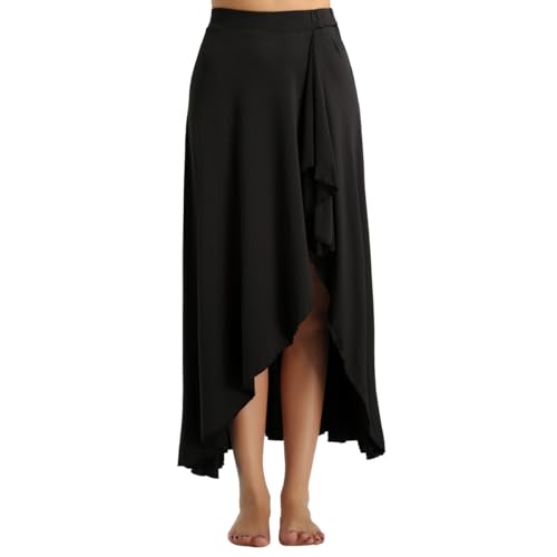 CHICTRY Tanzrock Damen Latein Standard Einfarbig Flamenco Rock Lang Stretch Hohe Taille A Linie Swingrock Skater Rock Mit Seitenschlitz Dancewear Schwarz L von CHICTRY