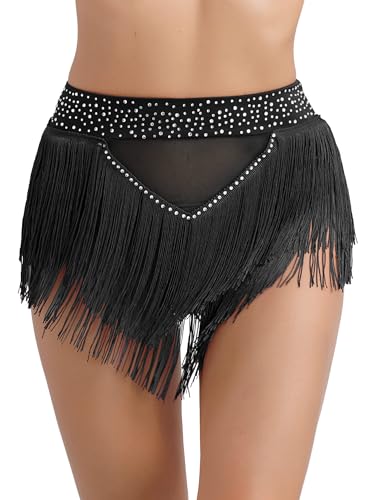 CHICTRY Tanzshorts Damen Strass Glitzer Lateinische Tanzhose Fransen Quaste Ballsaal Tanz Unterhose Rumba Tango Salsa Tanzkostüm Schwarz L von CHICTRY