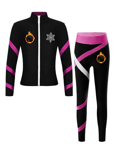CHICTRY Thermo Trainingsanzug Eiskunstlauf Mädchen Akrobatik Anzug Langarm Stehkragen Jacke Mit Strass Streifen Patchwork Eislaufhose Winter Dancewear Hot Pink 134-140 von CHICTRY