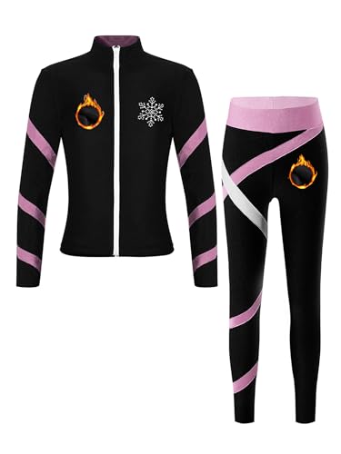 CHICTRY Thermo Trainingsanzug Eiskunstlauf Mädchen Akrobatik Anzug Langarm Stehkragen Jacke Mit Strass Streifen Patchwork Eislaufhose Winter Dancewear Rosa 122-128 von CHICTRY