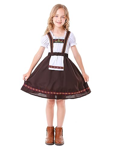 CHICTRY Trachtenkleid 2tlg. Kinder Dirndl Mädchen Kleid Festlich Kurzarm Dirndlbluse Rüschen Tunika Mit Trachtenrock A Linien Für Oktoberfest Karneval Kaffee 134-140 von CHICTRY