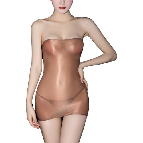 CHICTRY Transparent Bandeau Kleid Damen Kurz Bodycon Minikleid Sexy Partykleider Stretch Miederkleid Trägerlos Teddy Unterwäsche Dessous Reizvoll A Coffee Einheitsgröße von CHICTRY