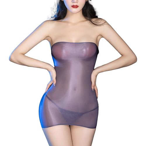 CHICTRY Glossy Bandeau Kleid Damen Sexy Bodycon Minikleid Kurz Schulterfrei Partykleid Stretch Trägerlos Teddy Unterwäsche Dessous Reizvoll Dunkelgrau Einheitsgröße von CHICTRY