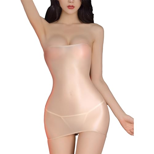 CHICTRY Transparent Bandeau Kleid Damen Kurz Bodycon Minikleid Sexy Partykleider Stretch Miederkleid Trägerlos Teddy Unterwäsche Dessous Reizvoll A Nude Einheitsgröße von CHICTRY