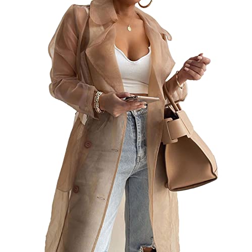 CHICTRY Transparent Cardigan Jacke Damen Lang Reverskragen Hemdjacke Sommer Leicht Mesh Organza Jacke Mantel Mit Knöpfe Urlaubskleidung Khaki M von CHICTRY