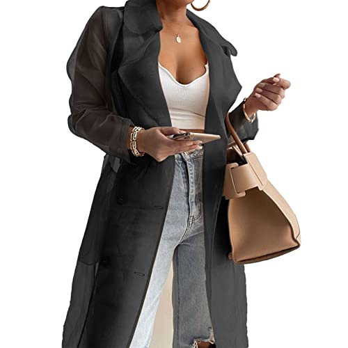 CHICTRY Transparent Cardigan Jacke Damen Lang Reverskragen Hemdjacke Sommer Leicht Mesh Organza Jacke Mantel Mit Knöpfe Urlaubskleidung Schwarz L von CHICTRY