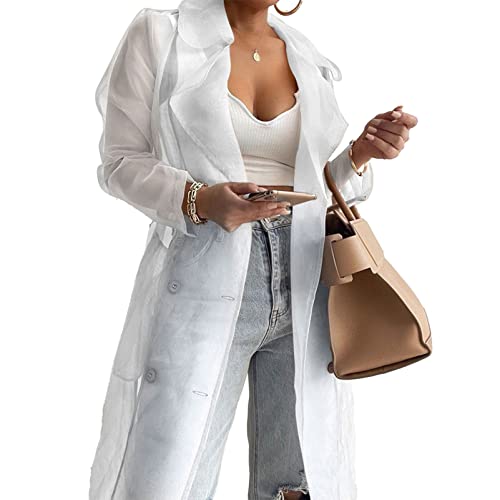 CHICTRY Transparent Cardigan Jacke Damen Lang Reverskragen Hemdjacke Sommer Leicht Mesh Organza Jacke Mantel Mit Knöpfe Urlaubskleidung Weiß S von CHICTRY